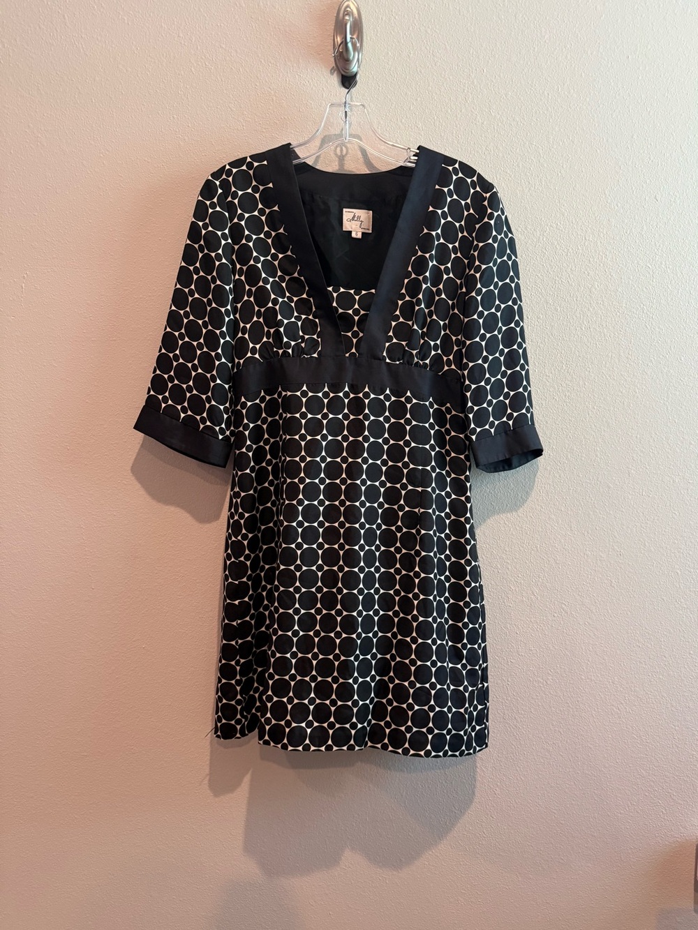 Milly of New York Black and White Polka Dot V-Neck Midi Dress